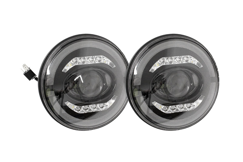 Load image into Gallery viewer, 7&quot; HALO &amp; BAR SMOKED LED HEADLIGHTS RHD (PAIR)
